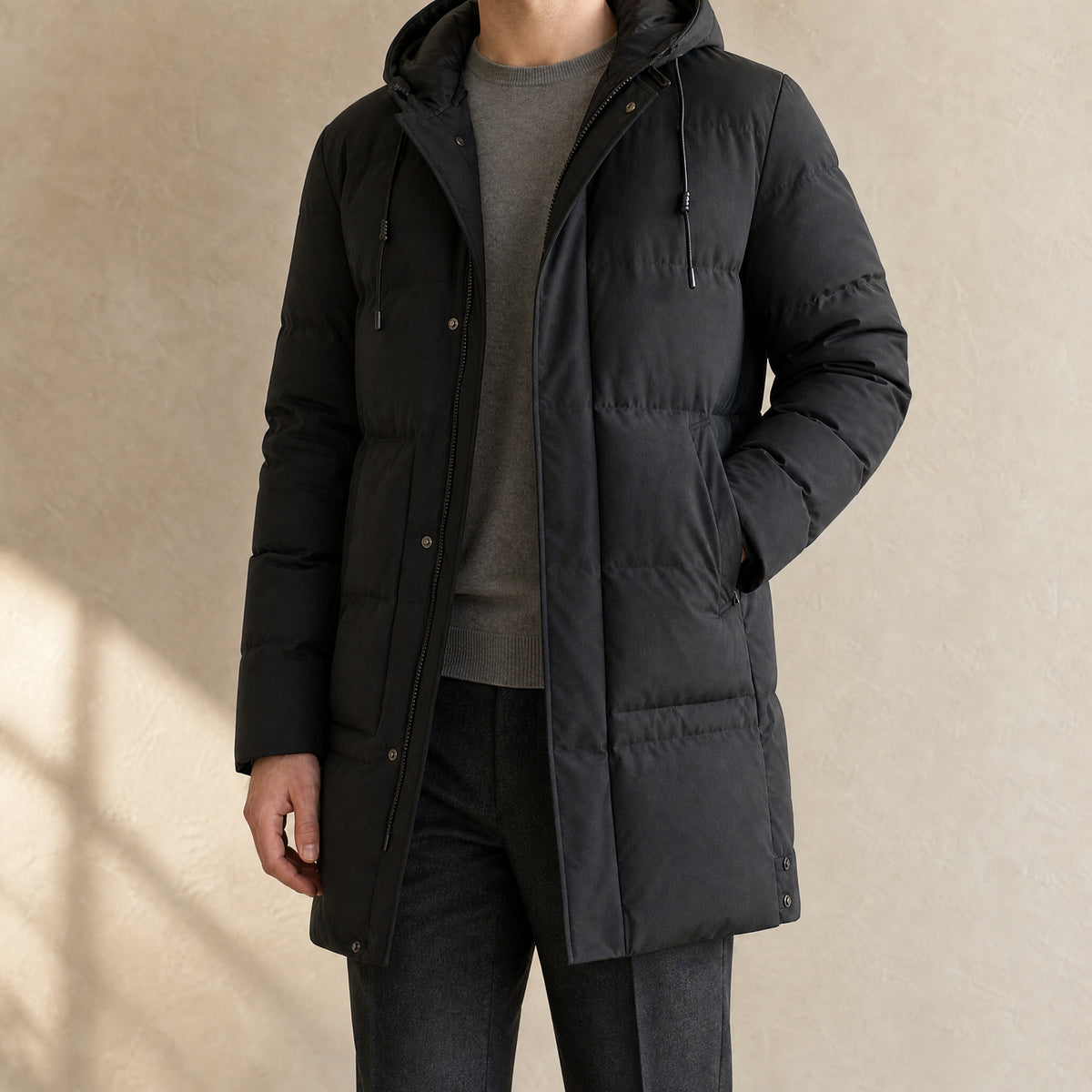 Tributary Mid-Length Puffer Jacket in Black