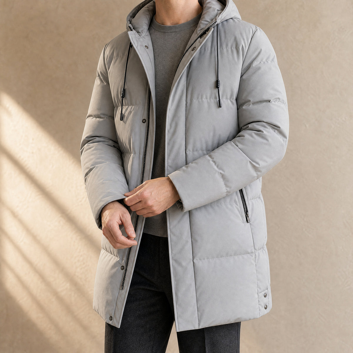 Tributary Mid-Length Puffer Jacket in Gray