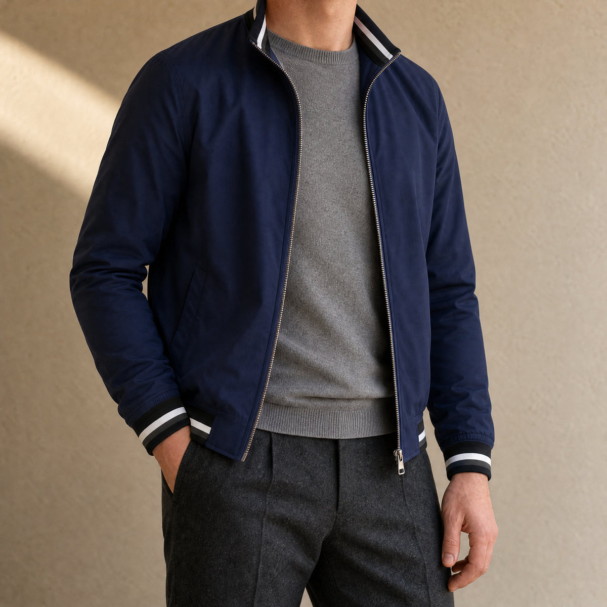 Upland Zip Bomber Jacket in Dark Blue