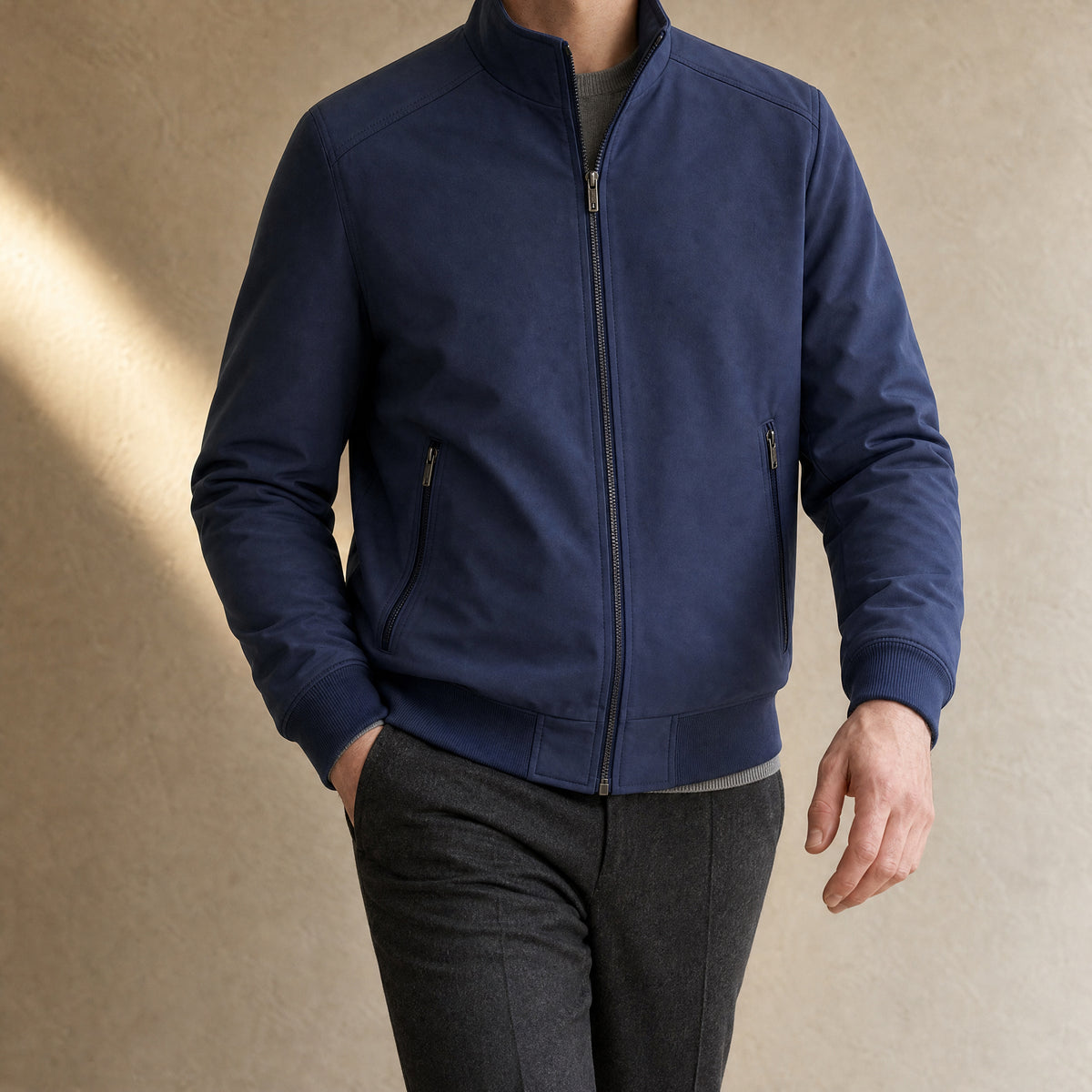 Verge Stand-Collar Bomber Jacket in Dark Blue