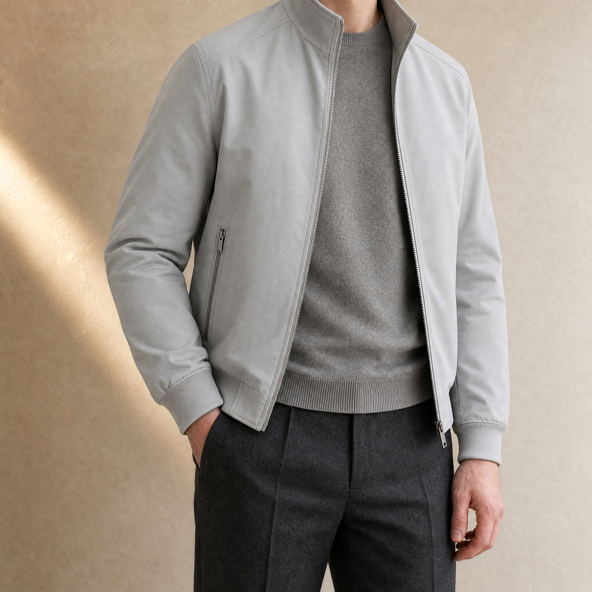 Verge Stand-Collar Bomber Jacket in Gray
