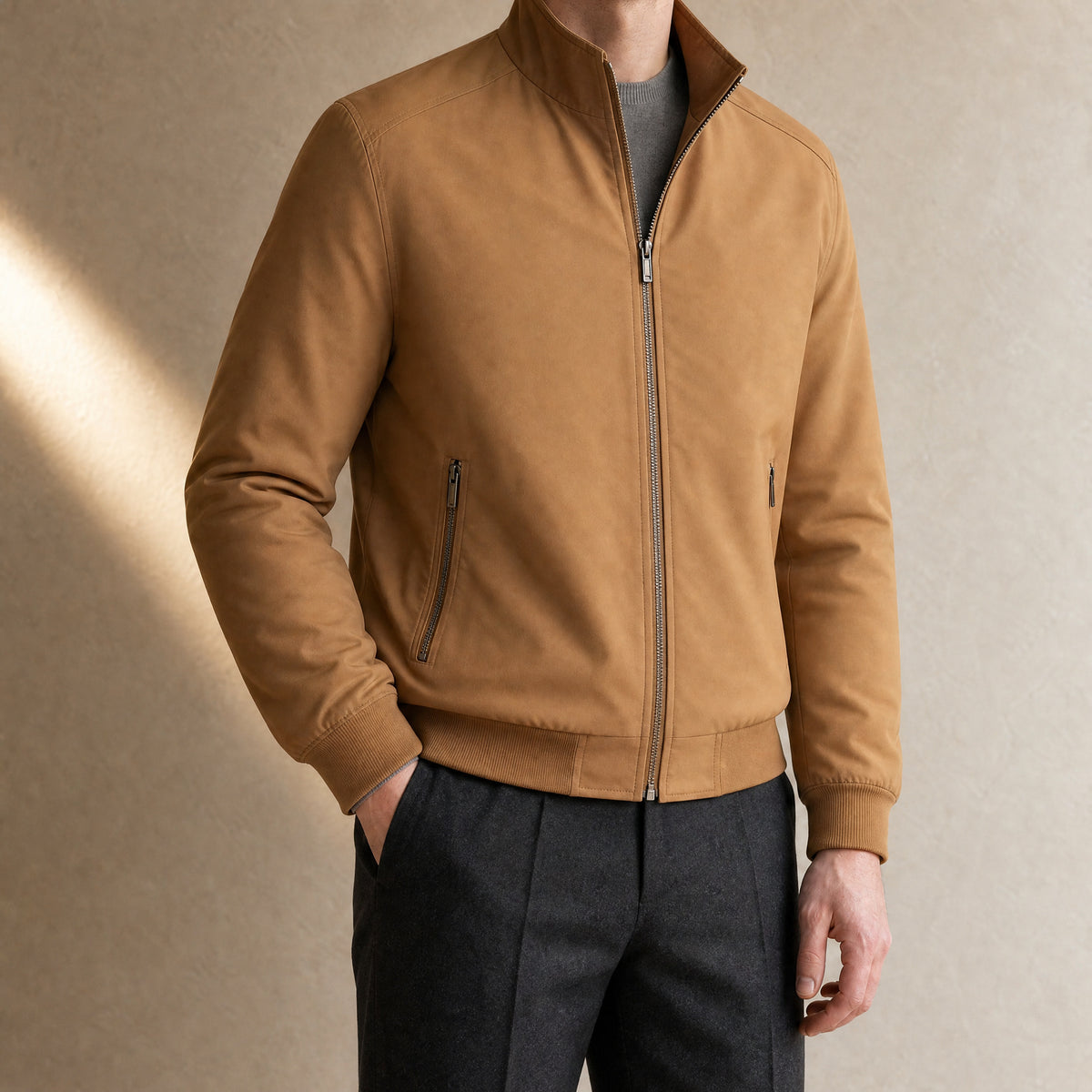 Verge Stand-Collar Bomber Jacket in Khaki