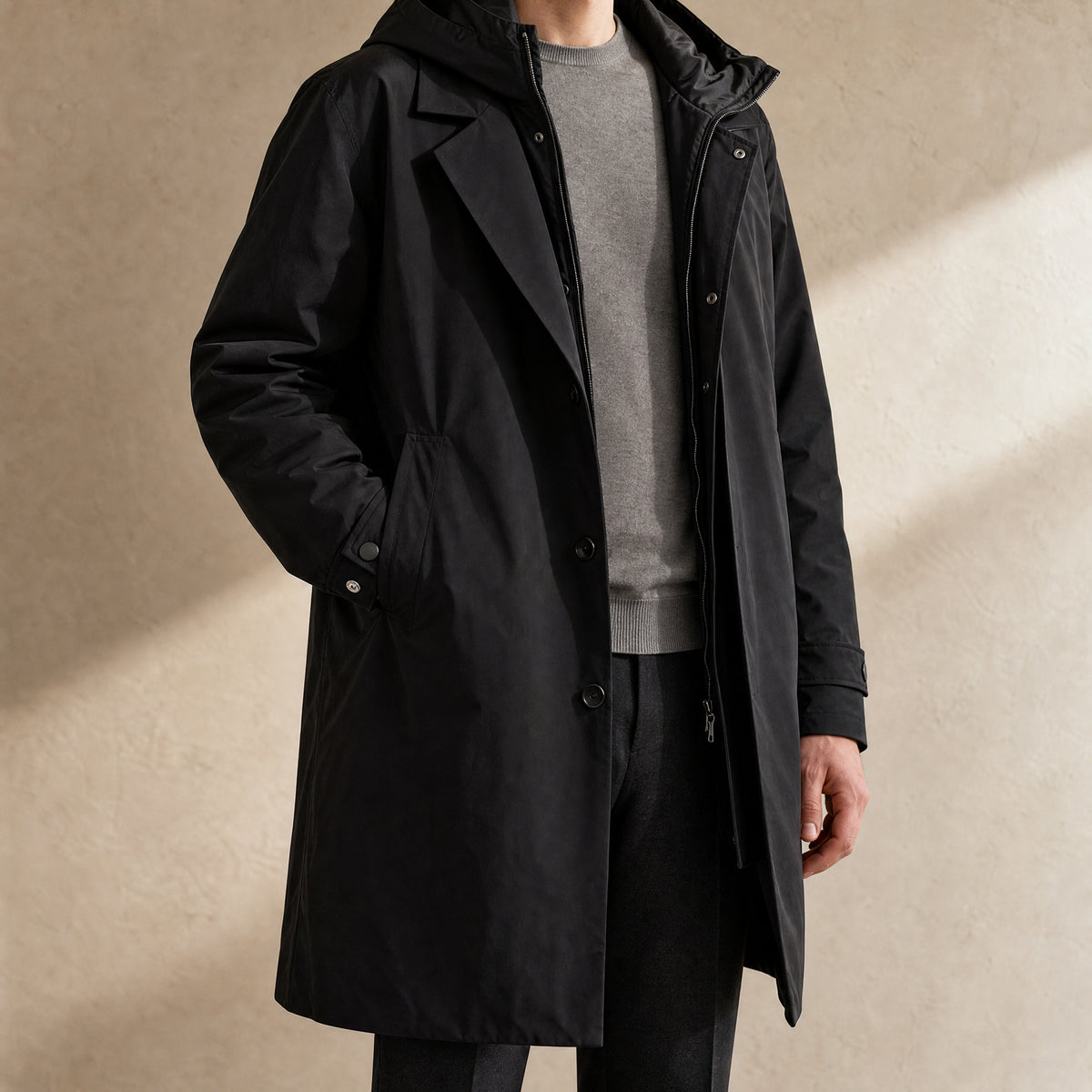 Wake Lapel Hooded Parka in Black