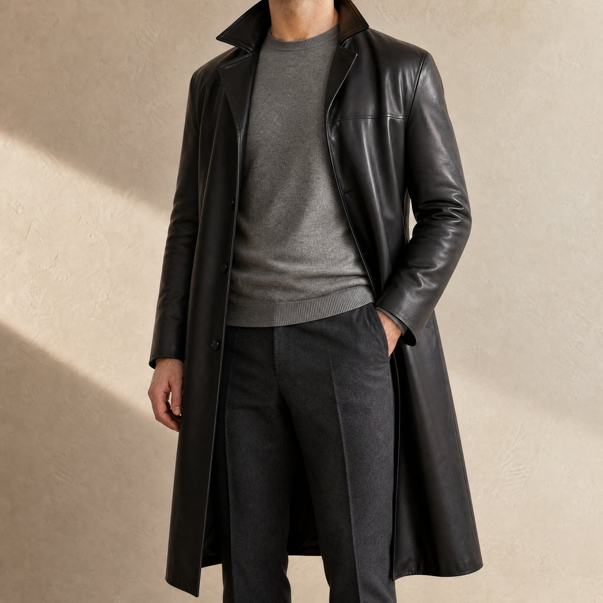 Whiteout Leather Trench Coat in Black
