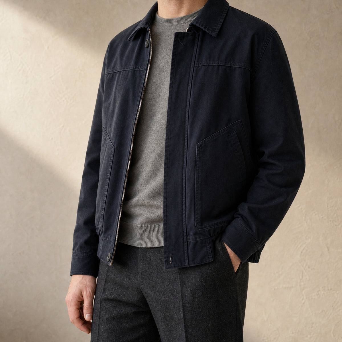 Yarrow Washed Cotton Bomber Jacket in Black/Blue