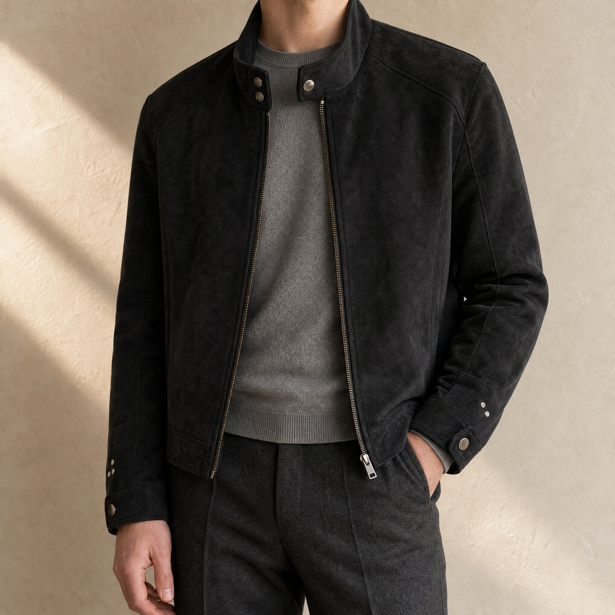 Zephyr Leather Cafe Racer Jacket in Black